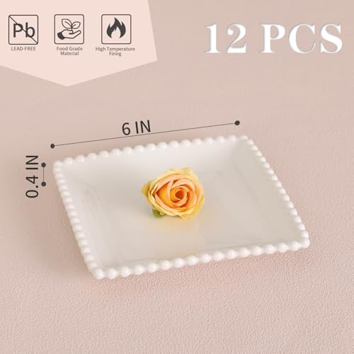 OMAYKEY 6 Inch Square Appetizer Plates, Salad Plates Set, Ceramic Dessert Plates, Porcelain Small Serving Plates for Cake, Snacks, Side Dish, Sushi - Microwave, Oven, Dishwasher Safe, Set of 12, White - Image 3
