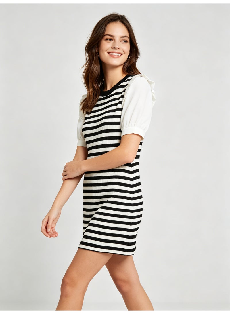 زارا ZARA Women’s Black and White Striped Mixed Media Ruffle Puff Sleeve Mini Dress - Image 2