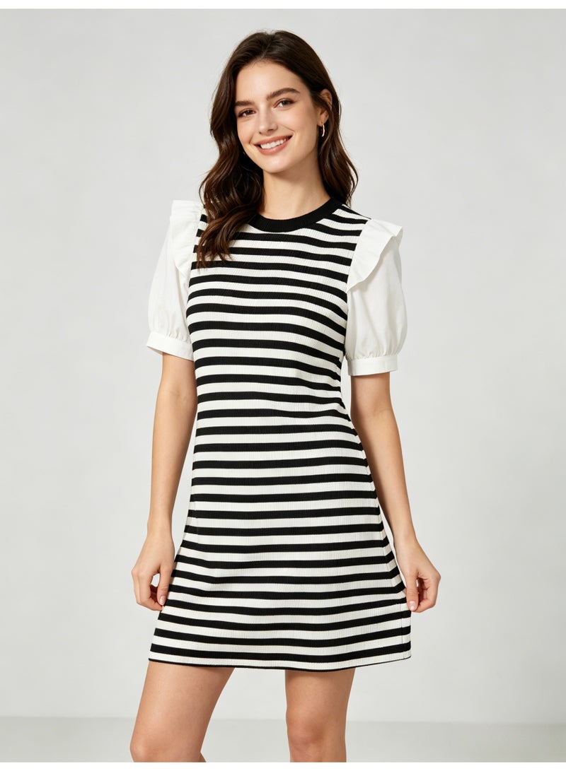 زارا ZARA Women’s Black and White Striped Mixed Media Ruffle Puff Sleeve Mini Dress - Image 1