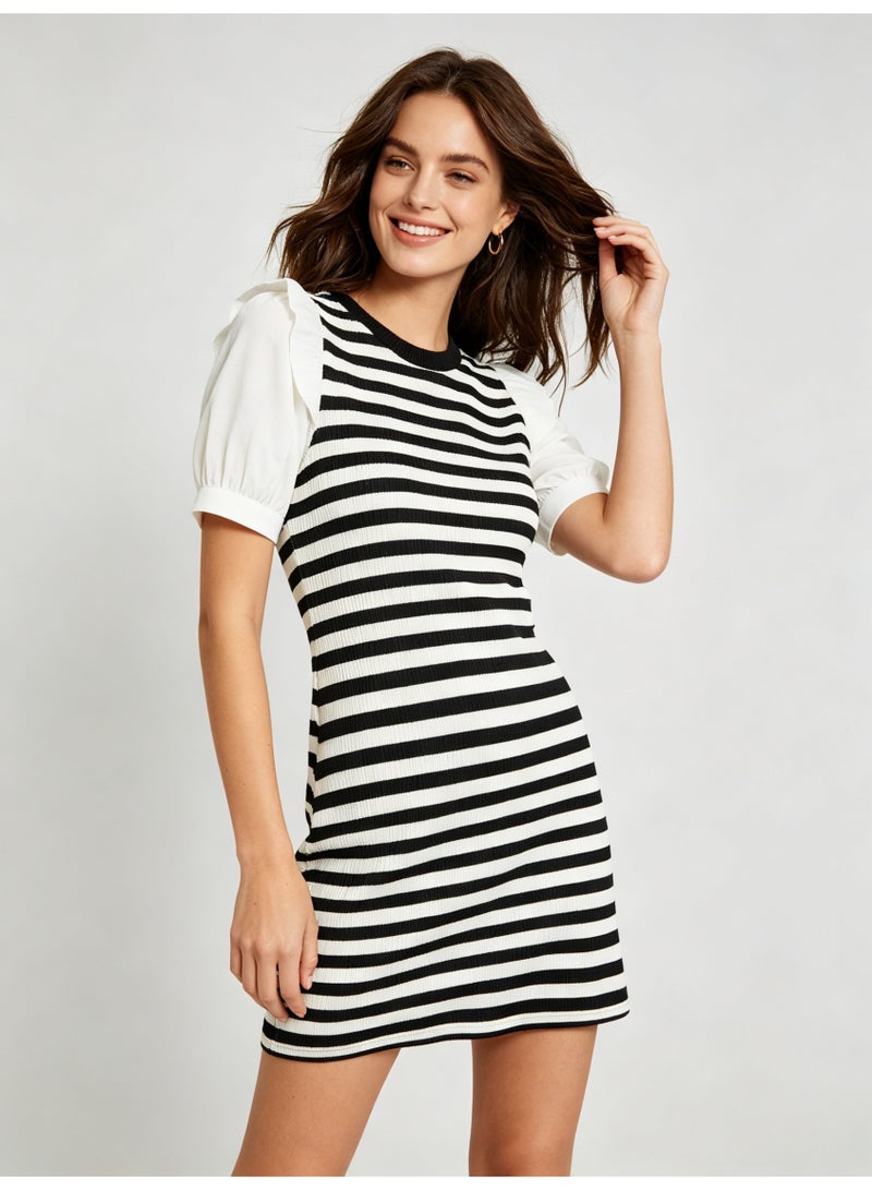 زارا ZARA Women’s Black and White Striped Mixed Media Ruffle Puff Sleeve Mini Dress - Image 5
