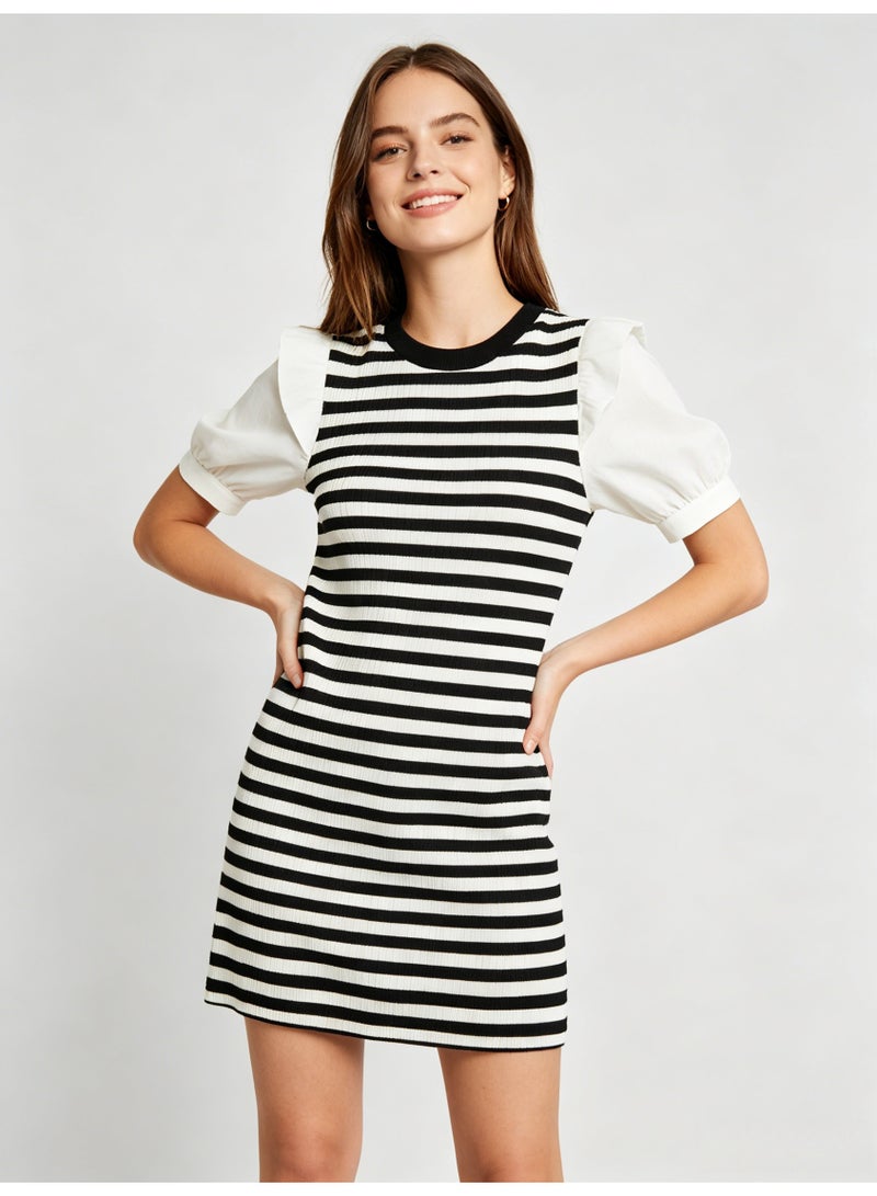 زارا ZARA Women’s Black and White Striped Mixed Media Ruffle Puff Sleeve Mini Dress - Image 4