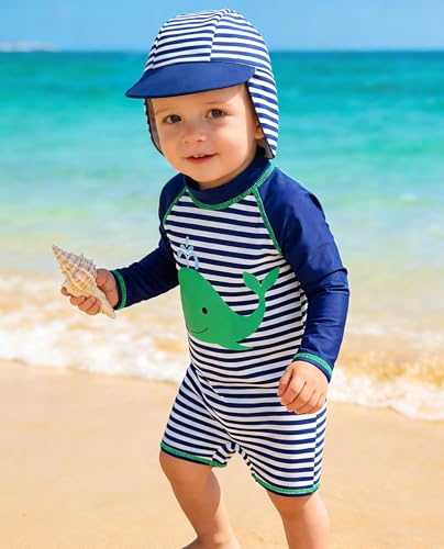 uideazone Striped Bathing Suit for Baby Boys 12-18 Months Long Sleeve Zipper Rashguard Whale One Piece Whale Swimwear with Sun Hat - Image 3