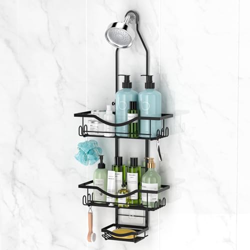 REINHARDT Shower Caddy Hanging Adjustable Shower Caddy, Rustproof Shower Organizer Extended Length Shower Caddy Over Shower Head with Hooks Soap Holder, Large Capacity Anti-Swing Bathroom Organizer, Black - Image 1