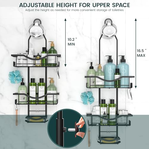REINHARDT Shower Caddy Hanging Adjustable Shower Caddy, Rustproof Shower Organizer Extended Length Shower Caddy Over Shower Head with Hooks Soap Holder, Large Capacity Anti-Swing Bathroom Organizer, Black - Image 2