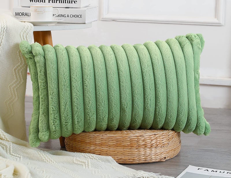 PANOD Faux Fur Decorative Lumbar Throw Pillow Covers 14 x 24 Long Boho Lumbar Pillow Covers Pillow Case Cushion Case for Bed Sofa Farmhouse Livingroom Sage Green - Image 3