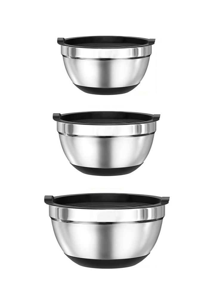 هومستر مجموعة أوعية خلط من الفولاذ المقاوم للصدأ 3 قطع (26,22,18 سم) مع أغطية محكمة، قاعدات مانعة للانزلاق، متداخلة لتوفير المساحة، للخَبز والطهي - Image 1