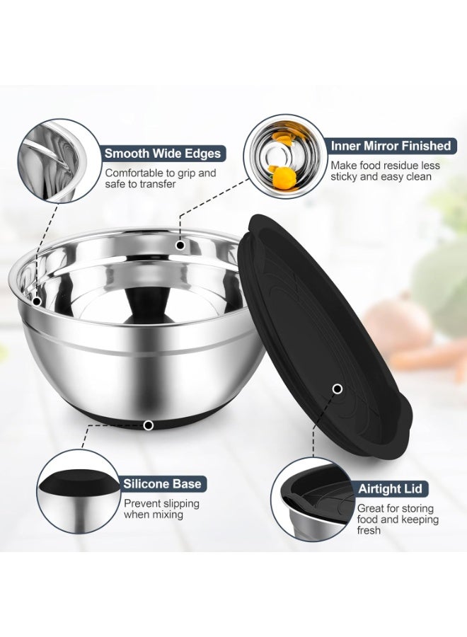 هومستر مجموعة أوعية خلط من الفولاذ المقاوم للصدأ 3 قطع (26,22,18 سم) مع أغطية محكمة، قاعدات مانعة للانزلاق، متداخلة لتوفير المساحة، للخَبز والطهي - Image 2