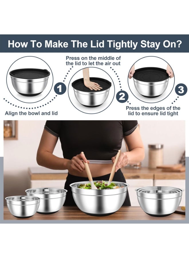 هومستر مجموعة أوعية خلط من الفولاذ المقاوم للصدأ 3 قطع (26,22,18 سم) مع أغطية محكمة، قاعدات مانعة للانزلاق، متداخلة لتوفير المساحة، للخَبز والطهي - Image 4