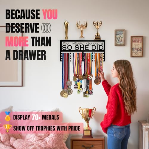 CALMCREST Medal Hanger Display with Trophy Shelf Sturdy Metal Awards Rack Holds 70 Medals Easy Wall Install Medal Holder Premium Stainless Steel RustResistant She Believed She Could - Image 3