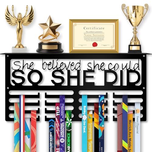 CALMCREST Medal Hanger Display with Trophy Shelf Sturdy Metal Awards Rack Holds 70 Medals Easy Wall Install Medal Holder Premium Stainless Steel RustResistant She Believed She Could - Image 1