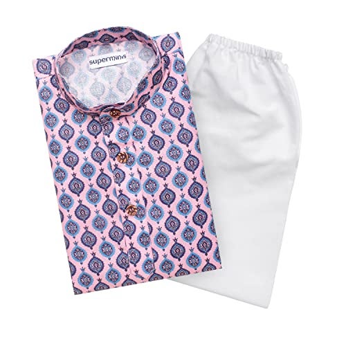 superminis Baby Boys Printed Cotton Kurta With White Pyjama Dress (3-4 Years, Pink) - Image 1