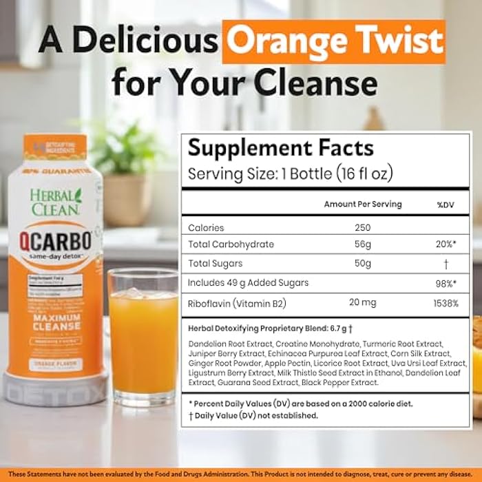 Herbal Clean Qcarbo16 Same-Day Detox Cleanse Drink (16 fl oz) - Orange Flavor Full Body Cleanse* Detox Drink for Moderate Toxin Level*, Vitamin B2 and Vitamin B12 for Men & Women - Image 3