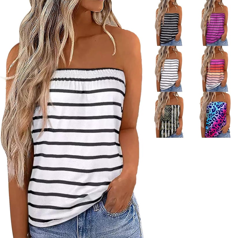klarako Women Striped Tube Top Strapless Sleeveless Bandeau Tank Tops Summer Casual Backless Loose Pleated Tank Blouse Shirt - Image 5