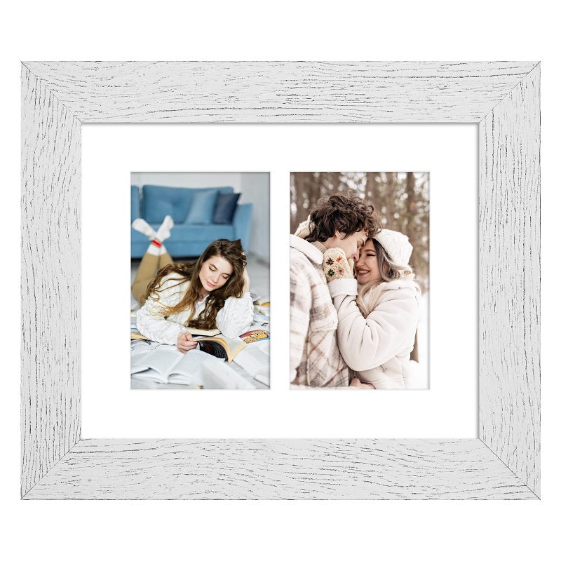 Gaevuian 8x10 Picture Frame Display Double 4X6 Picture Frame CollageMulti Photo Frame with MatPlexiglassWall or Tabletop DecorDistressed White Wood Grain
