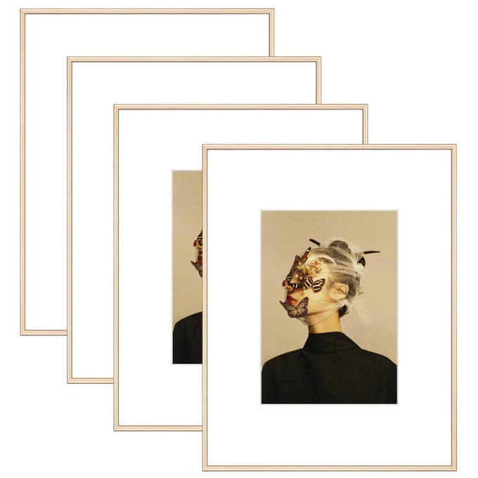11X14 PICTURE FRAME SET OF 4 MATTED BRASS SIMPLE MODERN BRUSHED THIN ALUMINUM METAL PHOTO FRAME FITS 8X10 WITH MAT OR 11 X 14 WITHOUT MAT VERTICAL AND HORIZONTAL FOR TABLETOP AND WALL MOUNTING
