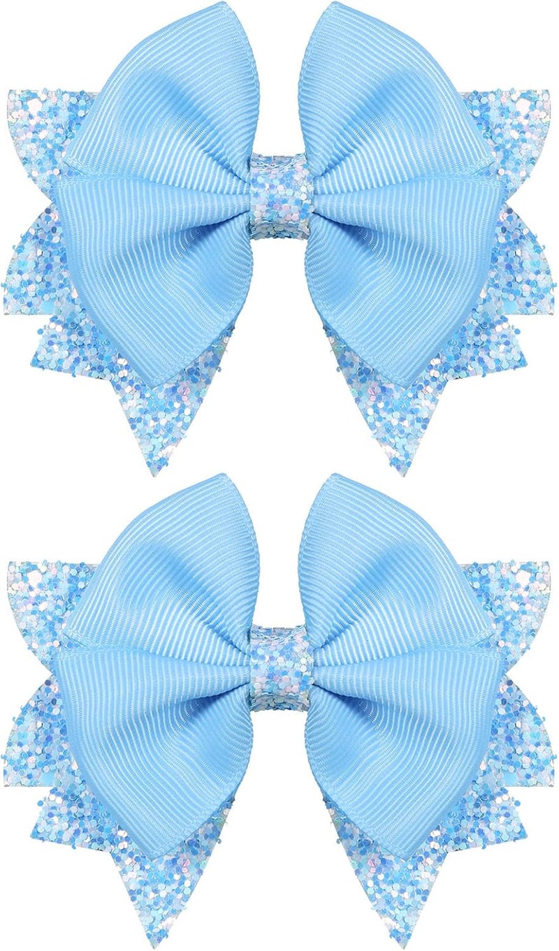 KCHIES 2 Pack 3.5" Girls Hair Bows Light Blue Boutique Ribbon Hair Clip Glitter Bowknot Hair Barrettes Alligator Hairpins for Teens Toddlers Kids Wedding Summer Headwear Gift - Image 1