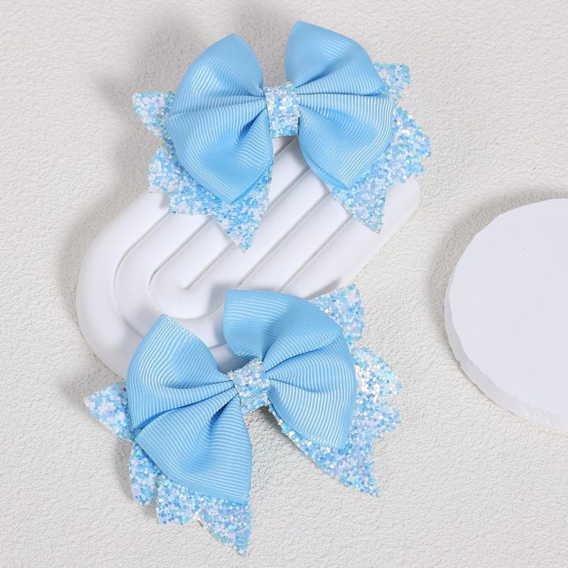KCHIES 2 Pack 3.5" Girls Hair Bows Light Blue Boutique Ribbon Hair Clip Glitter Bowknot Hair Barrettes Alligator Hairpins for Teens Toddlers Kids Wedding Summer Headwear Gift - Image 2