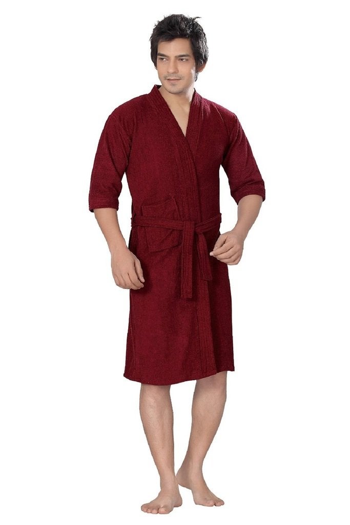 ELEVANTO Bathrobes For Mens Collection 34 Sleeve Soft Terry Cotton Bathrobe Free SizeMAROON