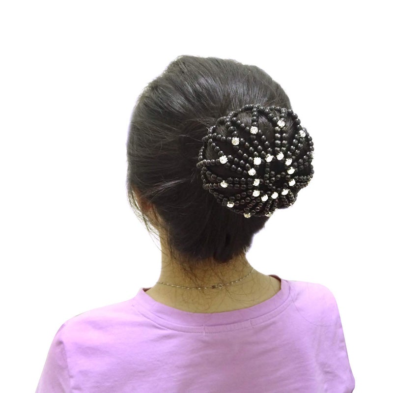 Honbay Hair Bun Cover Elastic Handmade Crochet Hair Net Snood with Pearls and Rhinestones for Ballet Dance Skating etc Black