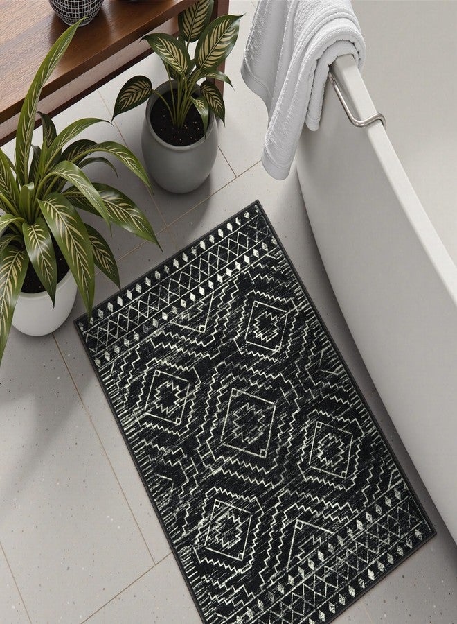 Wonnitar Moroccan Bathroom Rug,Washable 2x3 Small Bath Mat, Boho Tribal Soft Kitchen Sink Mat, Non-Slip Geometric Entry Way Rug, Low-Pile Indoor Carpet for Bedside Entrance Laundry (Black,2'x3') - Image 4