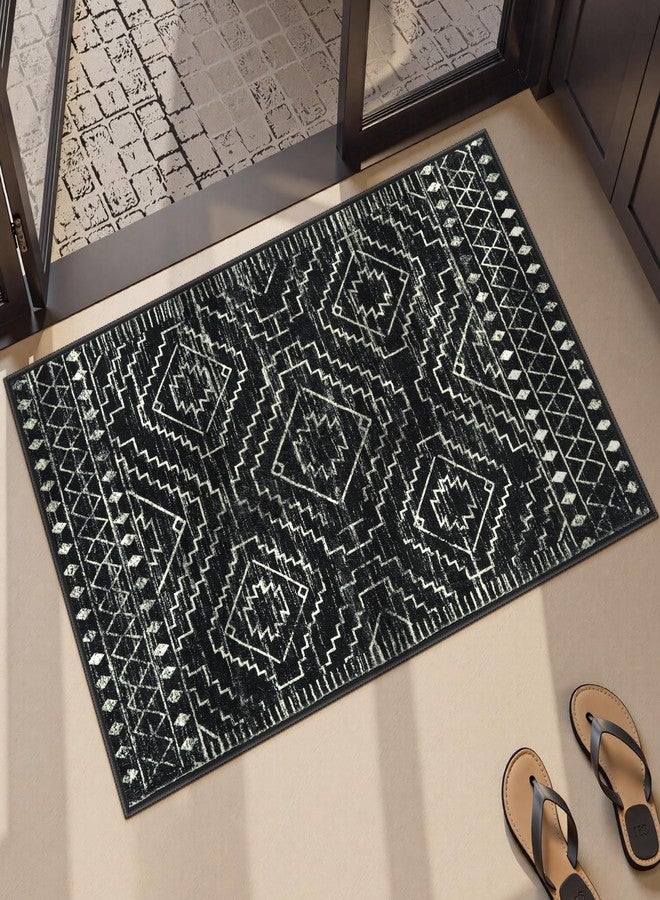 Wonnitar Moroccan Bathroom Rug,Washable 2x3 Small Bath Mat, Boho Tribal Soft Kitchen Sink Mat, Non-Slip Geometric Entry Way Rug, Low-Pile Indoor Carpet for Bedside Entrance Laundry (Black,2'x3') - Image 5