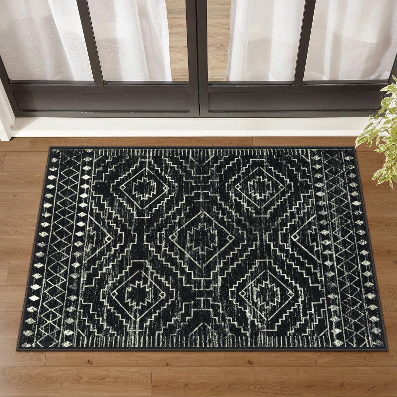 Wonnitar Moroccan Bathroom Rug,Washable 2x3 Small Bath Mat, Boho Tribal Soft Kitchen Sink Mat, Non-Slip Geometric Entry Way Rug, Low-Pile Indoor Carpet for Bedside Entrance Laundry (Black,2'x3') - Image 1