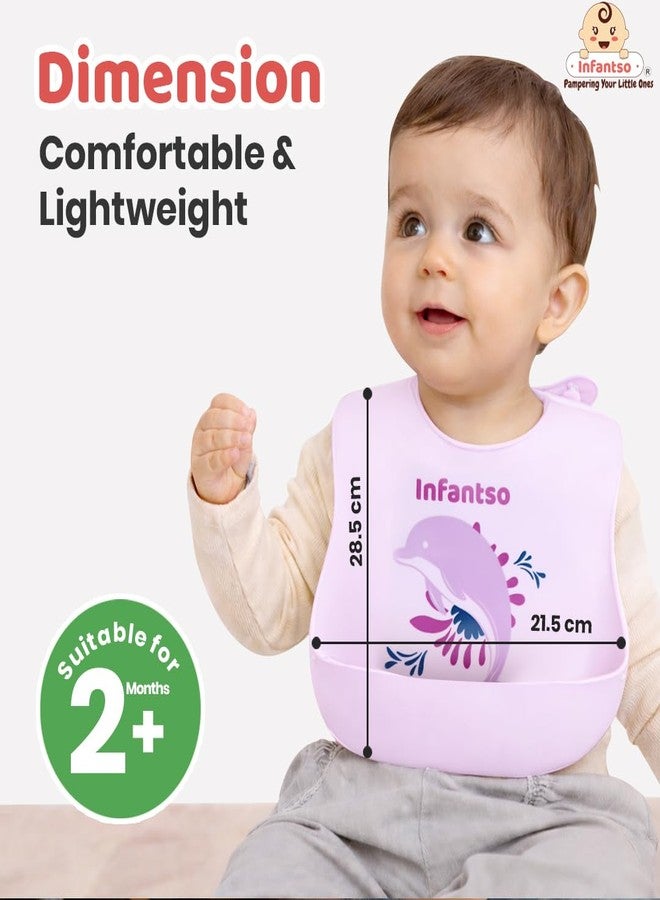 Infantso Silicone Ultra Light Waterproof Baby Bib for Feeding & Weaning Babies & Toddlers with Food Cather Pocket, Washable, Reusable, Non Messy Easy Cleaning, No Odour, Adjustable Button Neckline - Image 3