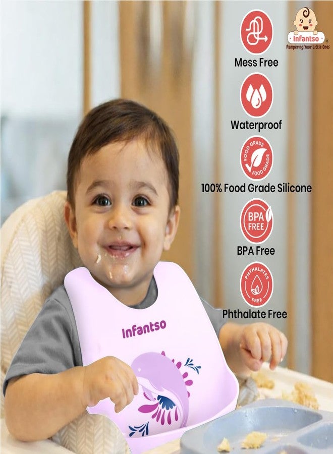 Infantso Silicone Ultra Light Waterproof Baby Bib for Feeding & Weaning Babies & Toddlers with Food Cather Pocket, Washable, Reusable, Non Messy Easy Cleaning, No Odour, Adjustable Button Neckline - Image 4