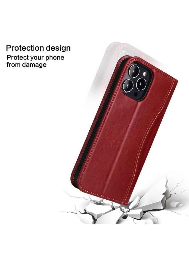 For iPhone 13 Pro Genuine Leather Horizontal Flip Leather Case with Holder & Card Slots & Wallet (Wine Red)  - Image 5