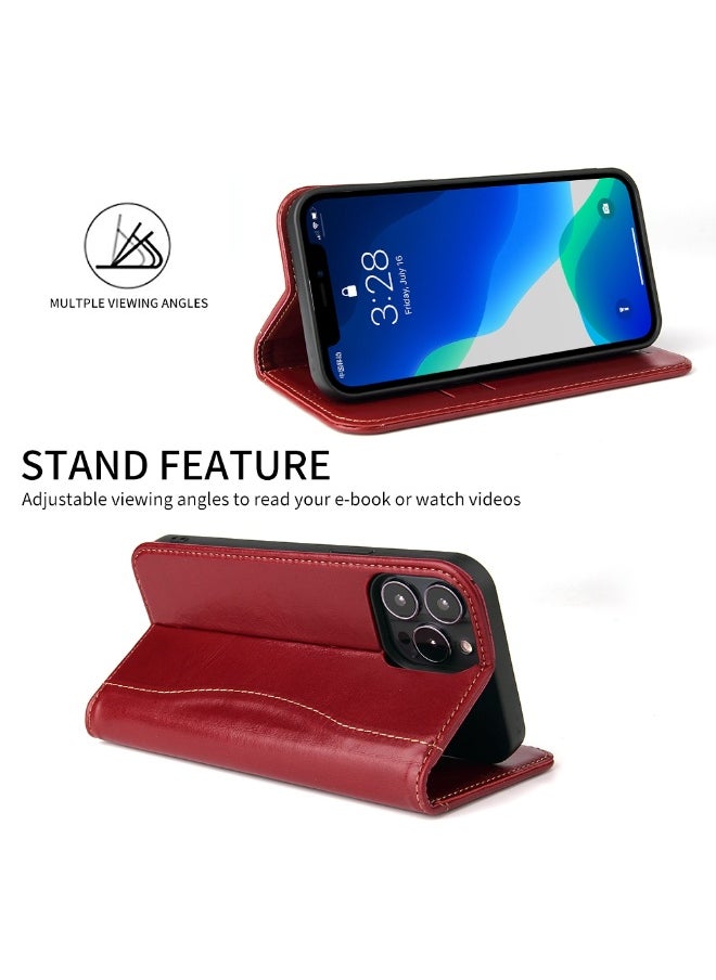 For iPhone 13 Pro Genuine Leather Horizontal Flip Leather Case with Holder & Card Slots & Wallet (Wine Red)  - Image 3