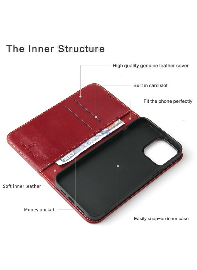 For iPhone 13 Pro Genuine Leather Horizontal Flip Leather Case with Holder & Card Slots & Wallet (Wine Red)  - Image 2