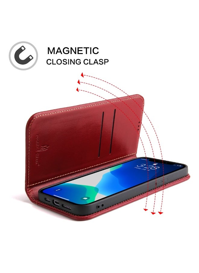 For iPhone 13 Pro Genuine Leather Horizontal Flip Leather Case with Holder & Card Slots & Wallet (Wine Red)  - Image 4