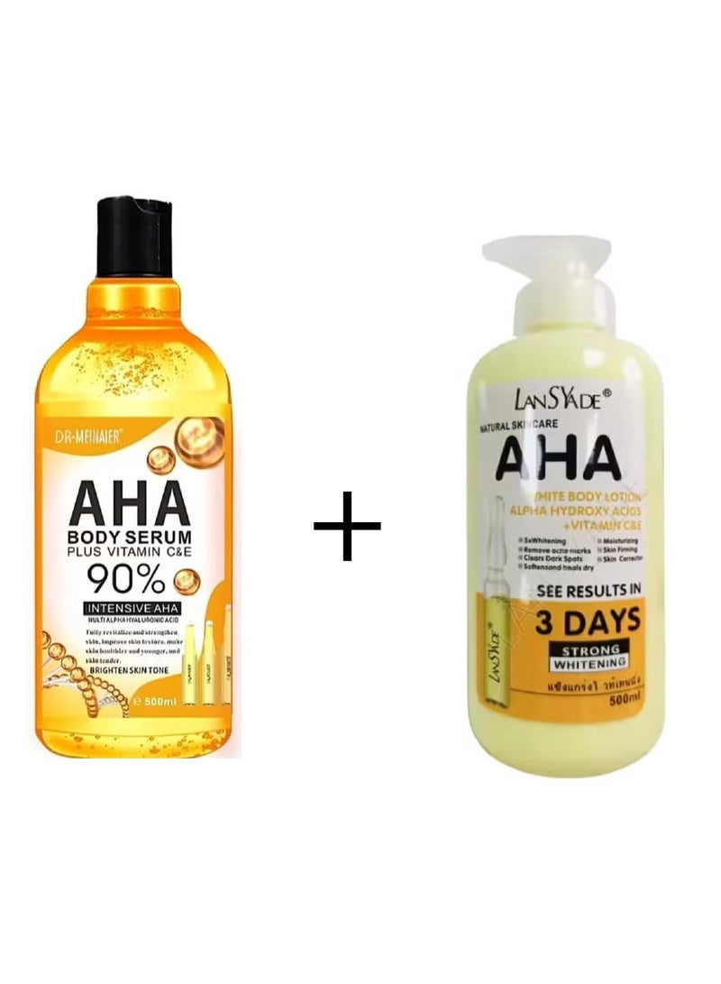 آها لوشن الجسم الأبيض الطبيعي للعناية بالبشرة، أحماض ألفا هيدروكسي + فيتامين ج وهـ، شاهد النتائج خلال 3 أيام، تبييض قوي 500 مل + مصل الجسم من دكتور ميناير آها 500 مل - Image 1