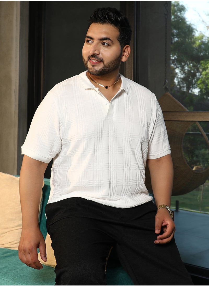 Instafab Plus Instafab Plus Men's Chalk White Intertwine-Textured Polo T-Shirt For Casual Wear | Polo Neck | Short Sleeves | Half-Button Closure | Plus Size T-Shirt Crafted With Comfort Fit For Everyday Wear  - Image 1