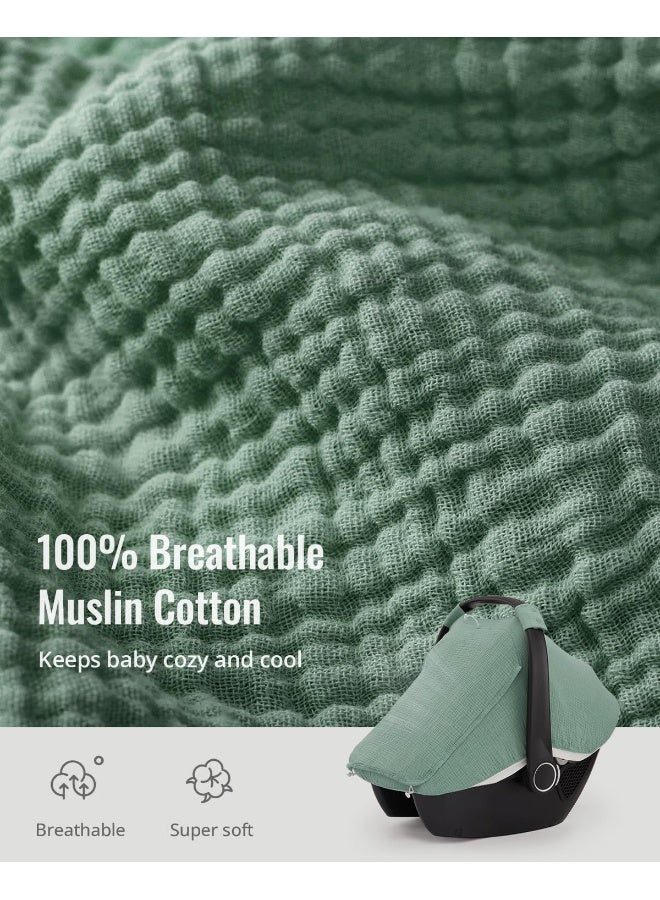 Blissful Diary Baby Car Seat Cover, Extra Large Mesh Window, Breathable Muslin Cotton, Infant Windproof Canopy - Roman Green - Image 2