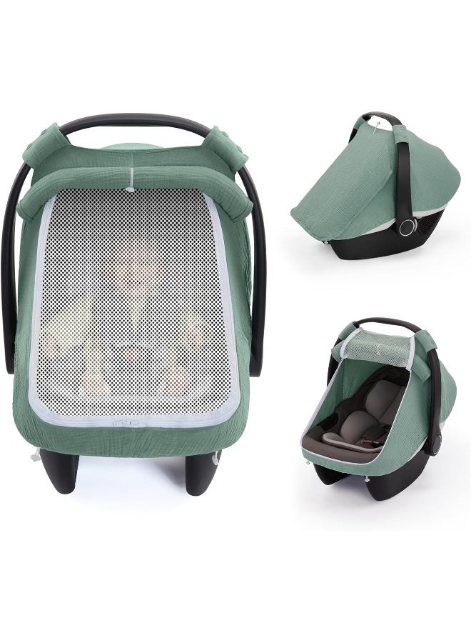Blissful Diary Baby Car Seat Cover, Extra Large Mesh Window, Breathable Muslin Cotton, Infant Windproof Canopy - Roman Green - Image 1