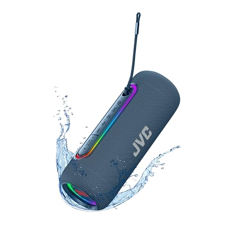 JVC مكبر صوت محمول لاسلكي مضاء من JVC بقوة 20 واط مع صوت ديناميكي وبلوتوث 50 وقدرة TWS ومنفذ USBC ومقاومة للماء IPX5 ومدخل AUX مع عمر بطارية يصل إلى 5 ساعات SPPA5BTA أزرق