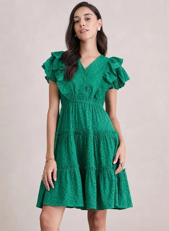 Femmella Femmella Schiffli Ruffled Sleeve Tiered Mini Dress