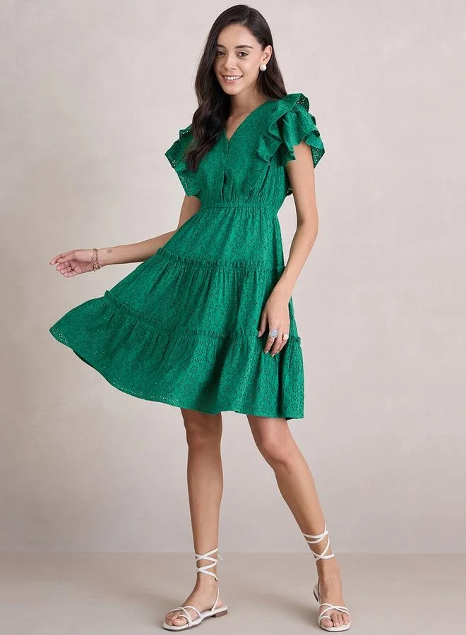 Femmella Femmella Schiffli Ruffled Sleeve Tiered Mini Dress