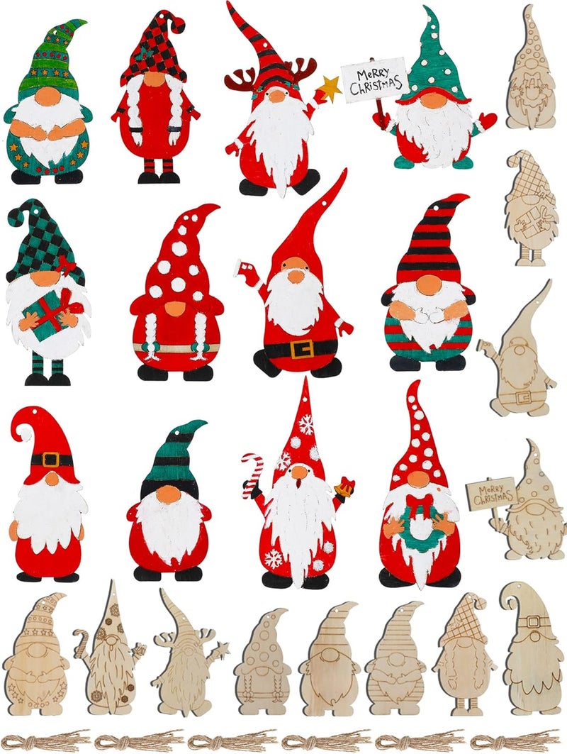 Macarrie 48 Pcs Christmas Wood Gnome Cutouts Blank Unfinished Wooden Gnome Hanging Ornaments Elf Paintable Christmas Ornaments with Rope for DIY Craft Painting Home Decor - Image 1