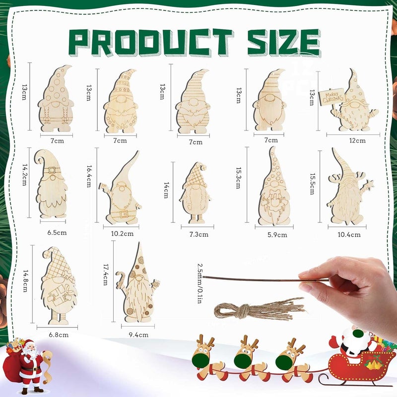 Macarrie 48 Pcs Christmas Wood Gnome Cutouts Blank Unfinished Wooden Gnome Hanging Ornaments Elf Paintable Christmas Ornaments with Rope for DIY Craft Painting Home Decor - Image 2