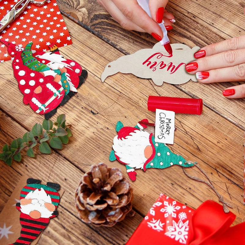 Macarrie 48 Pcs Christmas Wood Gnome Cutouts Blank Unfinished Wooden Gnome Hanging Ornaments Elf Paintable Christmas Ornaments with Rope for DIY Craft Painting Home Decor - Image 3