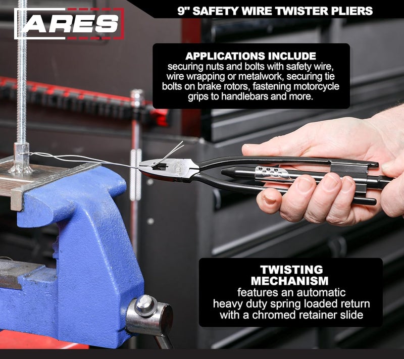 ARES 10010-9 بوصة كماشة لف السلك الأمني - أداة متينة لف وفك، تمسك، وتقطع سلك الأمان المصنوع من الفولاذ المقاوم للصدأ على المركبات، والآلات، والطائرات - Image 4