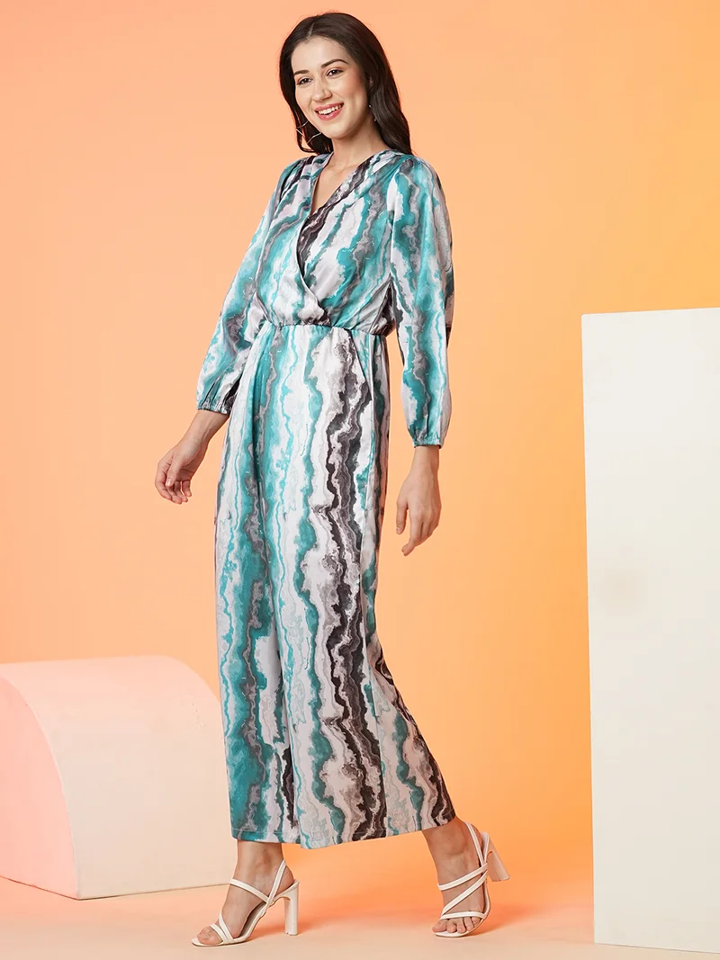 globus Women Blue Printed V-Neck Basic Jumpsuit