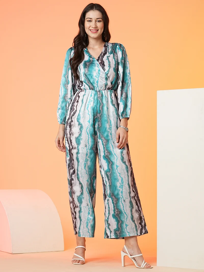 globus Women Blue Printed V-Neck Basic Jumpsuit
