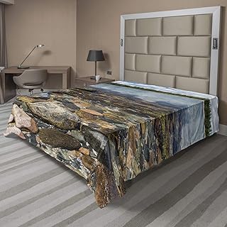 Lunarable Lunarable American Scenery Flat Sheet, Acadia Shoreline Divided Rock and Pine Trees Forest, Soft Comfortable Top Sheet  - Image 1