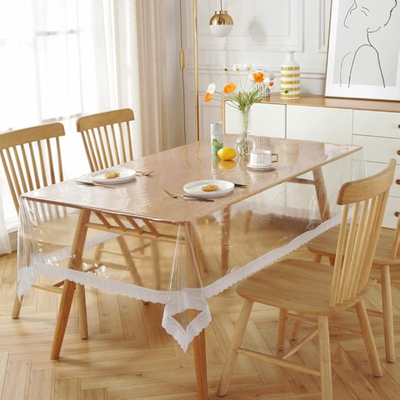 واقي مفرش طاولة بلاستيكي شفاف من مادة PVC من AOKQYA، غطاء مفرش طاولة من الفينيل المقاوم للماء، مفارش طاولة شفافة للطاولات المستطيلة/الأثاث الخشبي (59 × 74 بوصة، دانتيل بوهو)