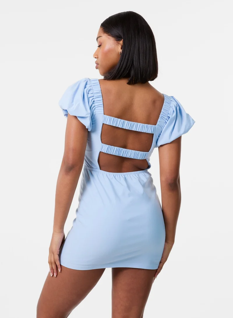 بينك فانيلا Puff Sleeve Open-Back Mini Dress With Shorts