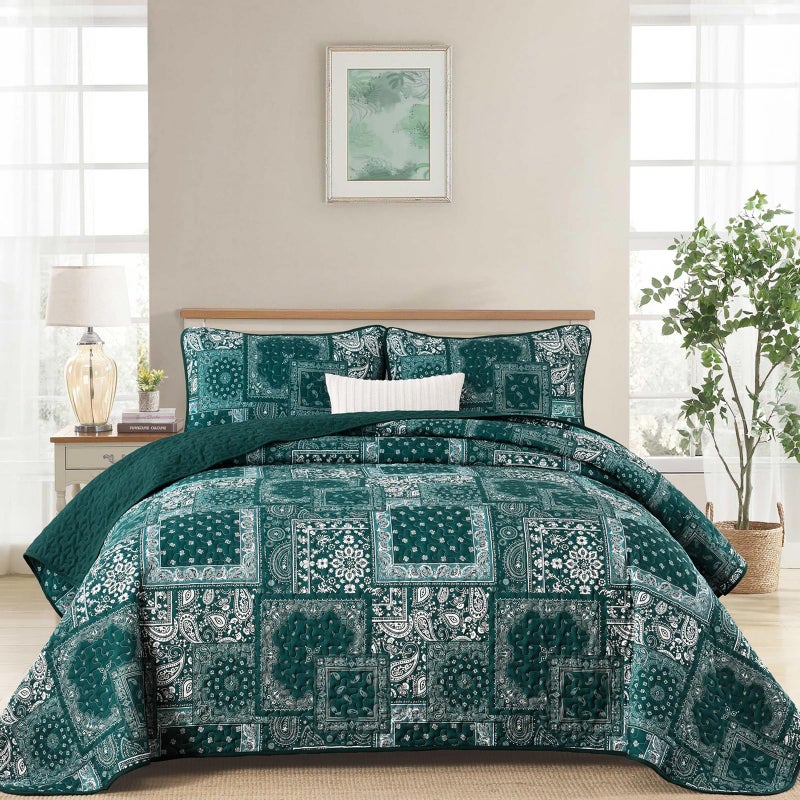 Cottolester King Quilt Set 3 Pieces,Emerald Green Patchwork Quilt Set,Boho Farmhouse Bedspread Soft Microfiber Bedding Set 110"x90" - Image 1