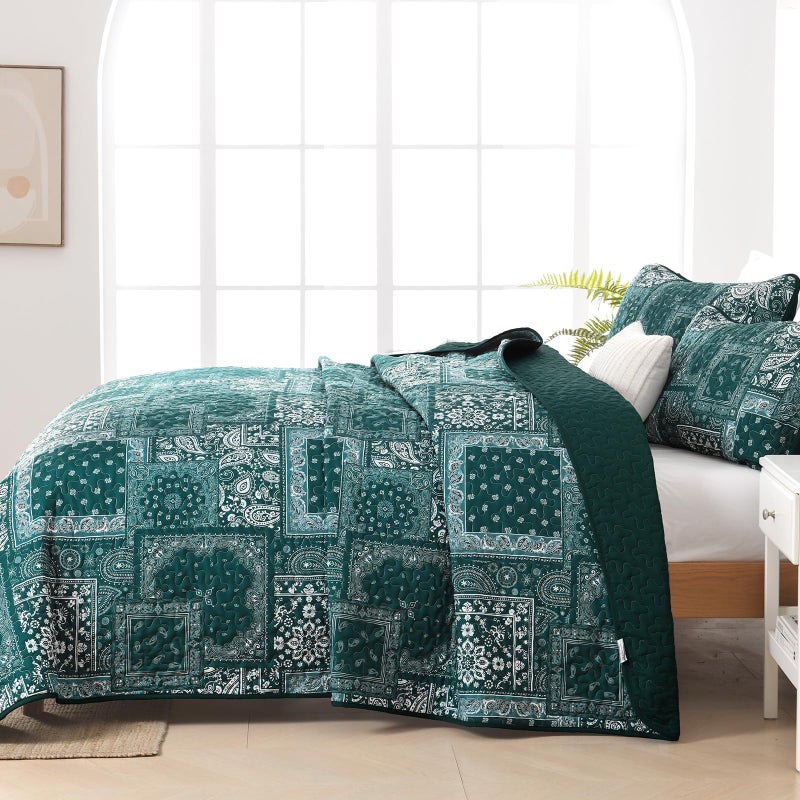 Cottolester King Quilt Set 3 Pieces,Emerald Green Patchwork Quilt Set,Boho Farmhouse Bedspread Soft Microfiber Bedding Set 110"x90" - Image 5